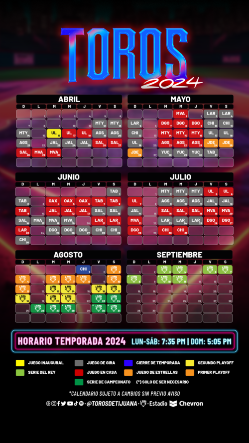 Calendario versión wallpaper Toros de Tijuana