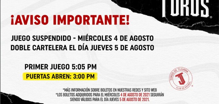 Se reprograma duelo de Toros de Tijuana