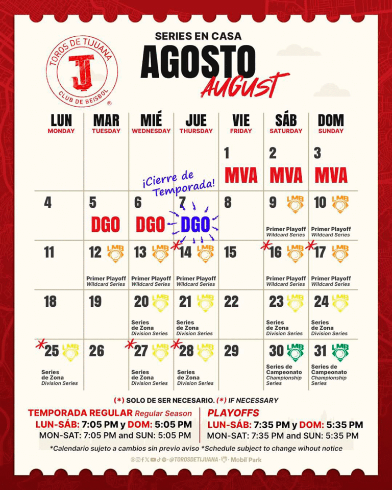 Calendario Agosto Toros de Tijuana